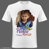 Personalized white polyester T-shirt with printed photo, high-resolution image required for personalization. Made in India, polyester fabric