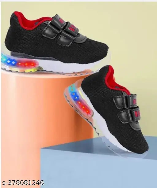 Black, red, and blue light-up kids sneakers with velcro closure