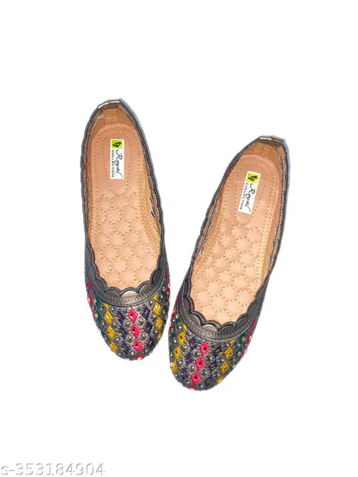 Grey embellished textile ballerinas for girls and women, high-quality embroidered juttis with closed back, comfortable base and non-slip sole