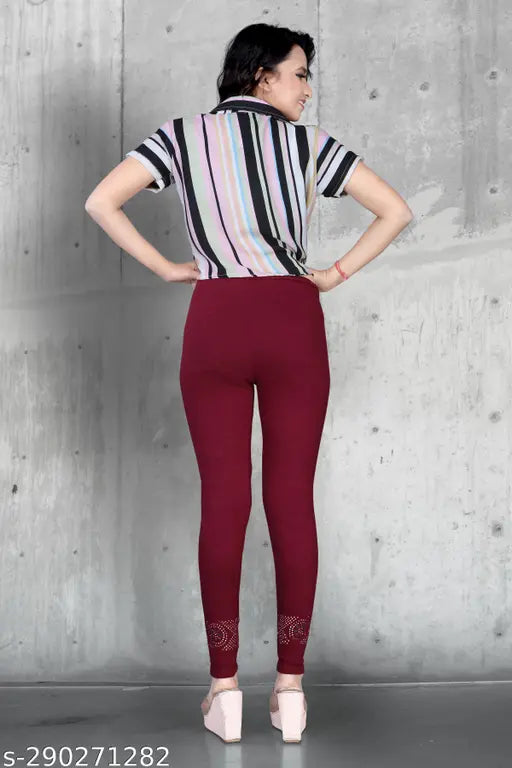 Cotton blend embellished stone jeggings for women - fashionable ankle-length jegging pack of 1, perfect for a classy look or smart weekend ensemble. Available sizes: 26 (waist 26in, length 36in, hip 34in), 28 (waist 28in, length 36in, hip 36in), 30 (waist 30in, length 36in, hip 38in), 32 (waist 32in, length 36in, hip 40in), 34 (waist 34in, length 36in, hip 42in). Made in India