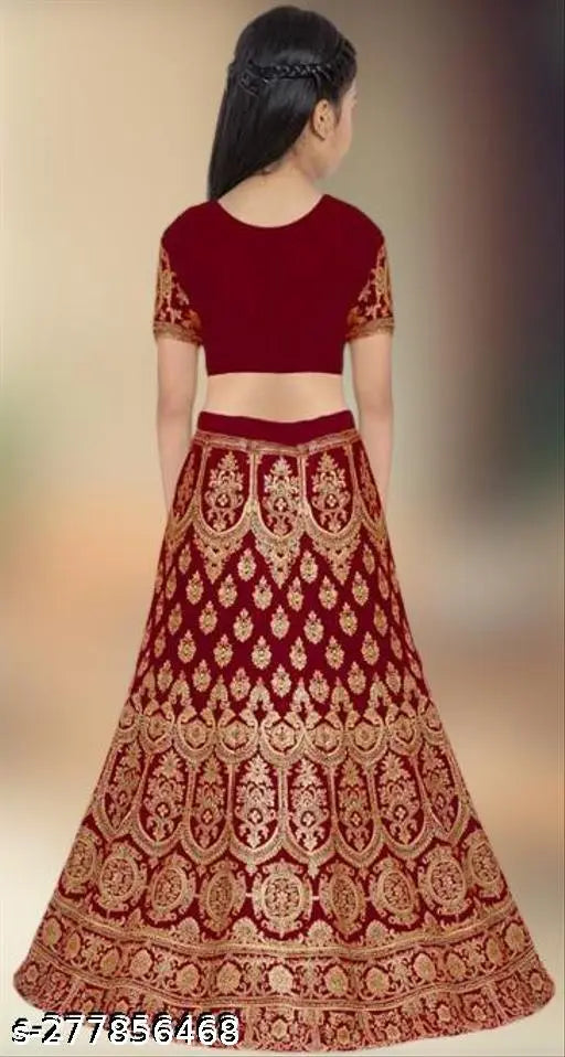 Red embroidered satin lehenga choli with net dupatta for girls, size 3-16 years, intricately stitched and vibrant