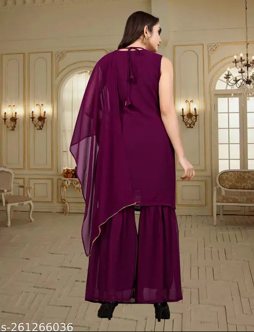 Womens purple embroidered georgette sharara salwar suit set for festivals or weddings, ready-made with sequence work