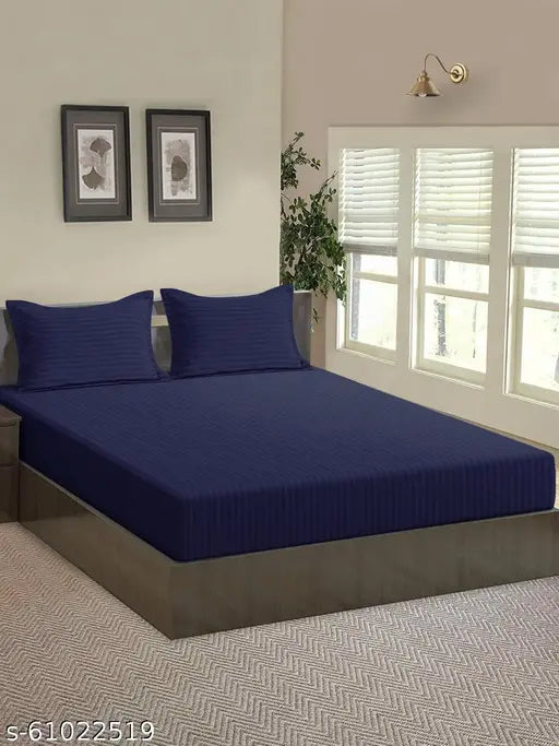 Elegant sateen stripes microfiber double fitted bed sheet with 2 pillow covers, superfine quality for adult AC room, India-made