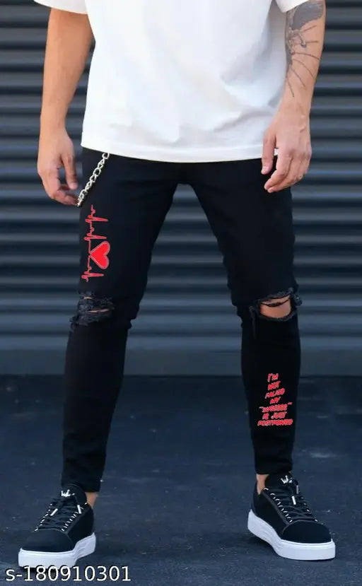 Red heart print denim jeans for men, A1 quality with solid plastic print and placement design. Size options: 28 (waist 28in, length 38in, hip 30in), 30 (waist 30in, length 39in, hip 32in), 32 (waist 32in, length 40in, hip 34in). Made in India
