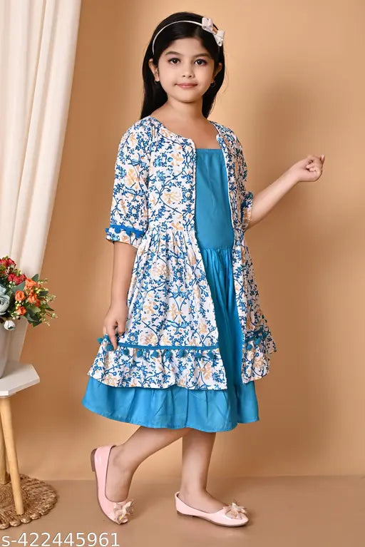 Blue floral lace dress, girl standing, short sleeves