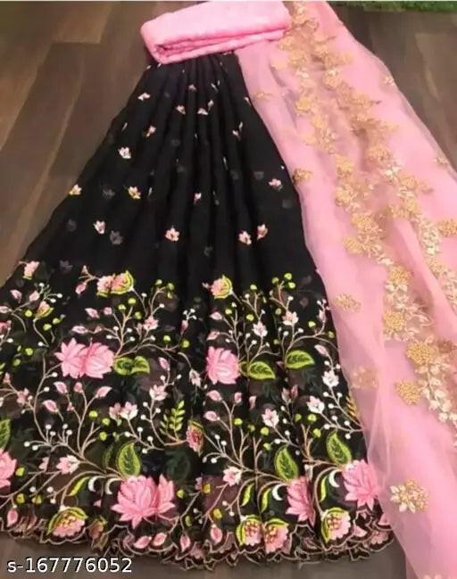 Embroidered net Charvi refined women's lehenga set, semi-stitched with waist size 42m and dupatta length 2.25m, Indian origin