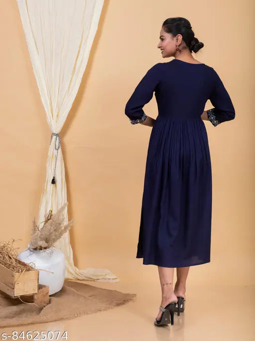 Navy Blue embroidered Anarkali Kurta in pure rayon, ideal for casual and daily wear by UGMAZ Fashion