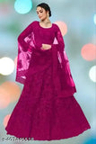 Embroidered net wine lehenga set with choli and dupatta, intricately embellished Indian bridal wear on display