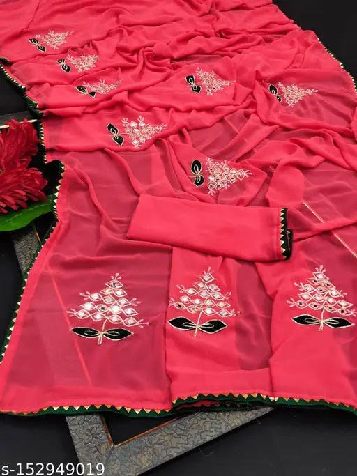 Red saree with white paisley design, embroidered border