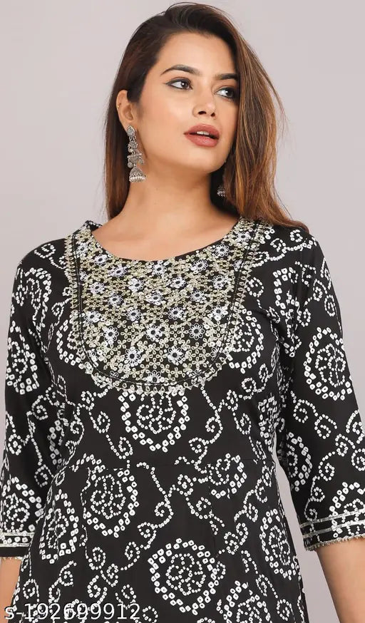 Women's rayon printed Anarkali kurti set with palazzos, three-quarter sleeves, vibrant Indian print, size M (38in bust, 13in shoulder, 47in length)