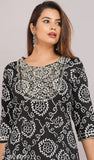 Women's rayon printed Anarkali kurti set with palazzos, three-quarter sleeves, vibrant Indian print, size M (38in bust, 13in shoulder, 47in length)