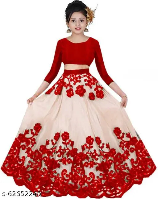 Red kids embroidered dupion silk lehenga choli with net sleeves, semi-stitched and embellished Indian traditional outfit