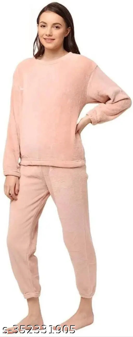 Wool winter nightsuit for women & girls, solid color, long sleeves and pyjama style