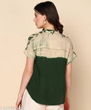 Ombre dyed olive green rayon regular top with short sleeves and Chinese neck collar, perfect for any occasion