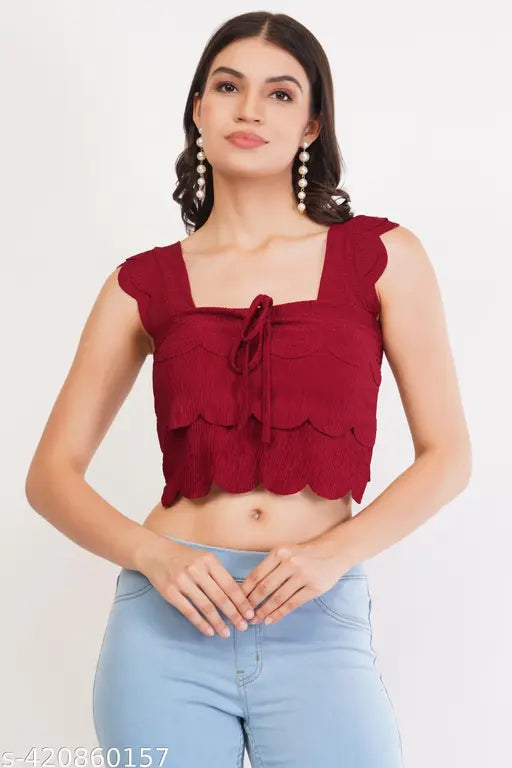 Maroon scalloped edge crop top, cotton blend, sleeveless, tie-front detail, versatile Western wear