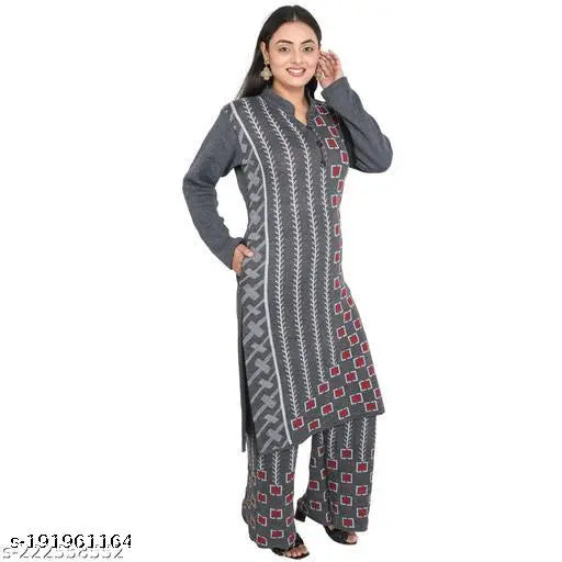 Grey wool women's Aishani Kurta with Palazzo set, single size L/XL, winter woven design in attractive colour