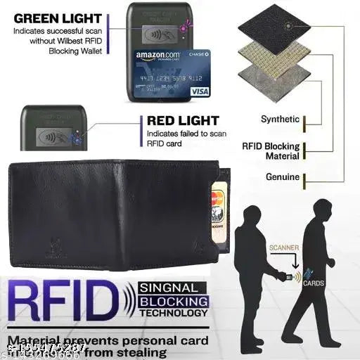 Black genuine leather men's wallet, 2 compartments, RFID protected, Indian craftsmanship