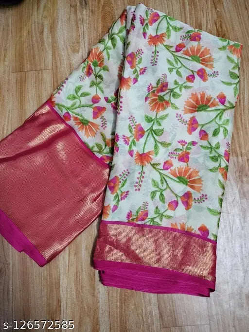 Stylish chiffon saree with broad Zari border and floral print, free size (India)