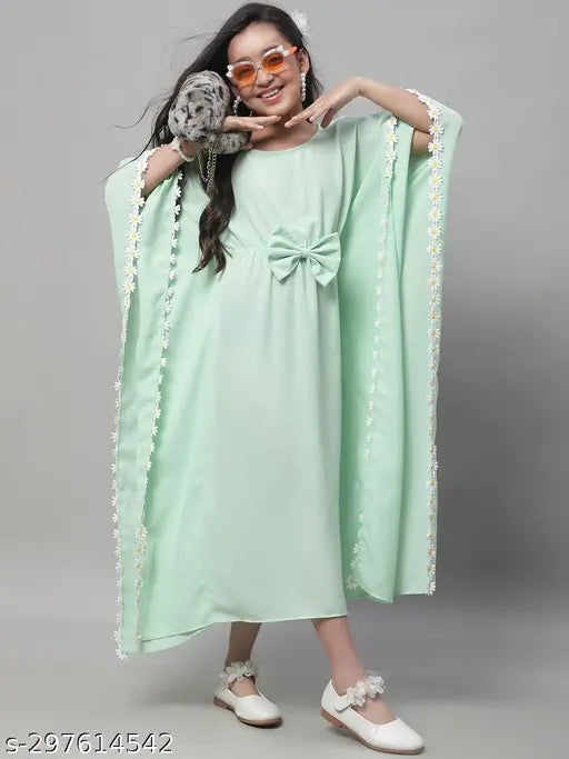 Cotton blend casual kaftan dress in Mose mint for girls aged 6-12 years, three-quarter sleeves style