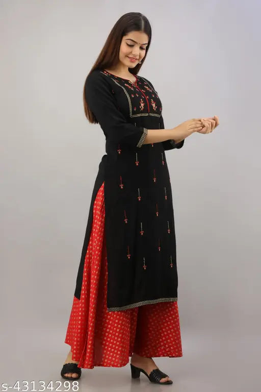 Rayon embroidered net kurta set with palazzos, trendy voguish women's clothing, Indian ethnic design