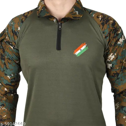 Olive green polycotton Militia Cobra Urni pattern T-shirt, Indian Army inspiration
