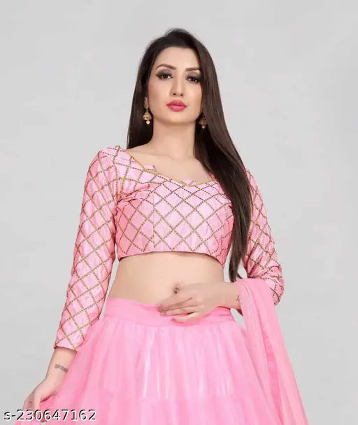 Indian fancy lengha choli & dupatta set in net and satin, unstitched with embroidered patterns, solid color. Three-quarter sleeve length, suitable for children ages 1-10 years