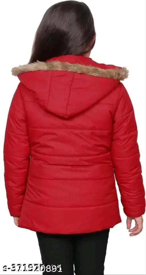 Red children's puffer coat with fur trim