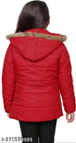 Red children's puffer coat with fur trim