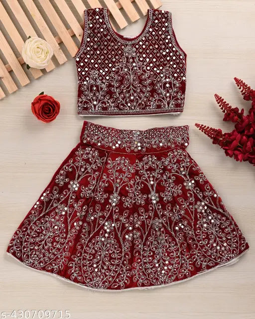 Velvet kids lehenga with mirror work, suitable for 0-3 years, traditional Indian ethnic wear for baby girls and girls