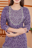 Purple rayon Anarkali kurti with three-quarter sleeves, printed floral combo for women, Indian fashion on mannequin