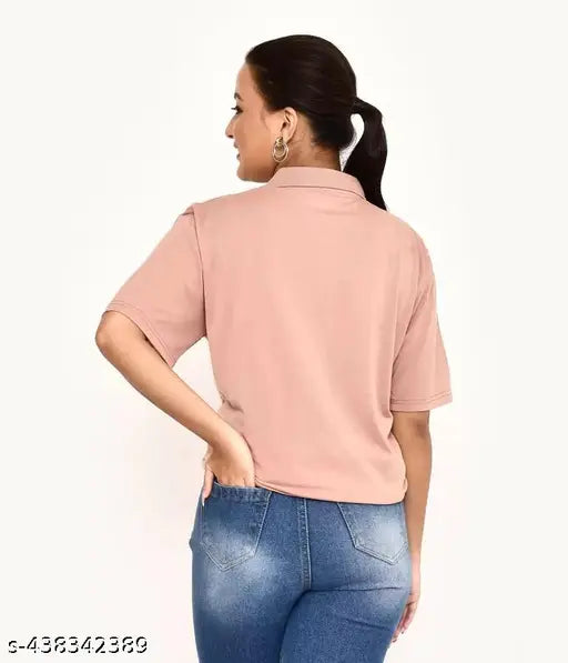 Cotton blend women's polo t-shirt, regular fit, solid pattern, available in multiple sizes