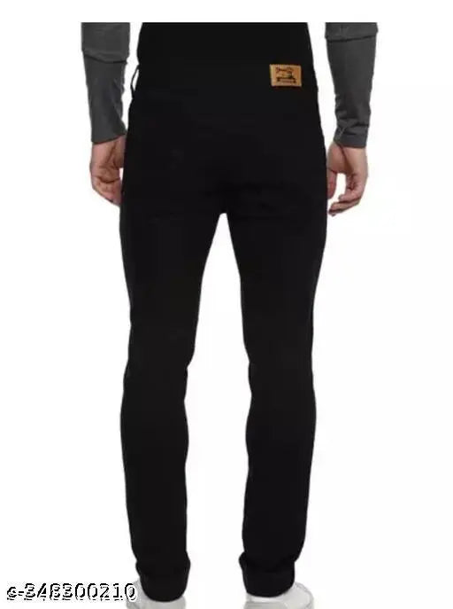 Black cotton blend flaying men jeans, solid black on model display stand