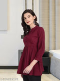 Multicolor cotton casual printed dress, maroon solids with mandarin collar, pleats, and button detailing, three-quarter gathered sleeves, flared hem for women