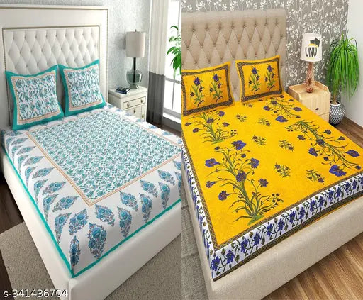 White and floral Jaipuri cotton double bedsheet combo pack with 4 pillow covers, ideal for summer adult use