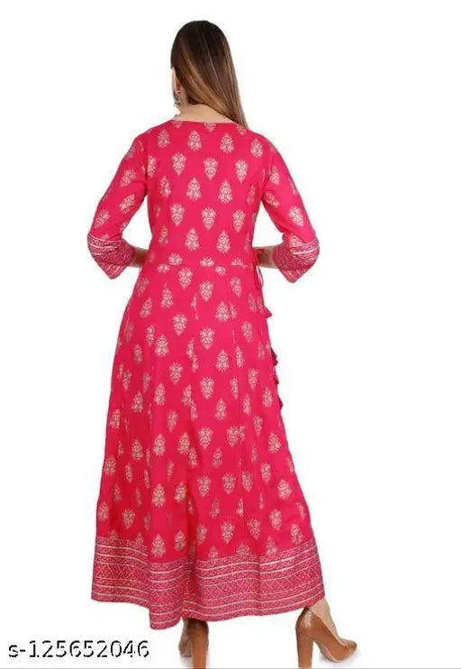 Red, cotton ankle-length maxi dress with long sleeves and flared skirt