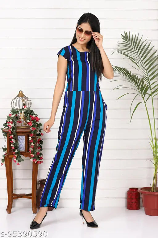 New stripe printed jumpsuit, crepe fabric, short sleeves on women, Indian origin