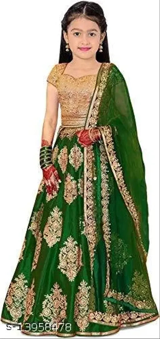 Embroidered taffeta-silk lehenga choli for kids party wear, short sleeves, 8-9 years size