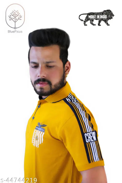 BlueFicus men's cotton blend short sleeve t-shirt with mustard yello high low styling - India