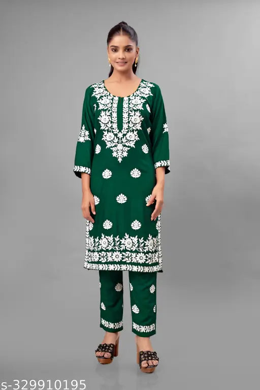 Rayon embroidered net Chikankari kurta and pants set, three-quarter sleeves, festival special, full embroidery