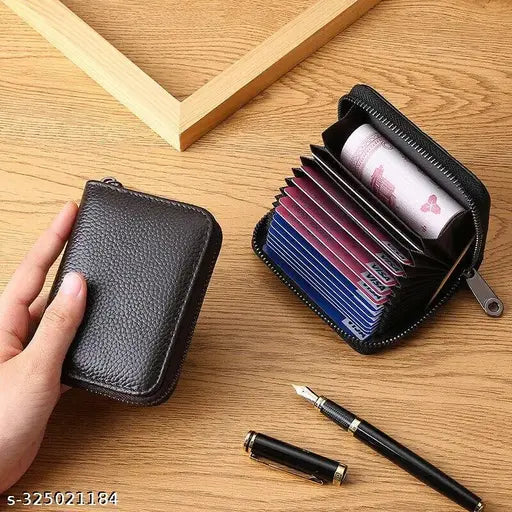 Light brown leather credit card holder wallet, 9 slots, zipper coin purse, perfect accessory for men and women