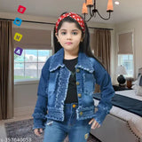 Denim girls jacket, blue wash denim, faux leather trim