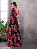 Black, floral, lace-trimmed saree with unstitched blouse