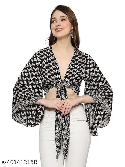 Art Silk silk crop top wrap tunic, V-neckline, three-quarter sleeves, Kanha exports, Indian beach wear