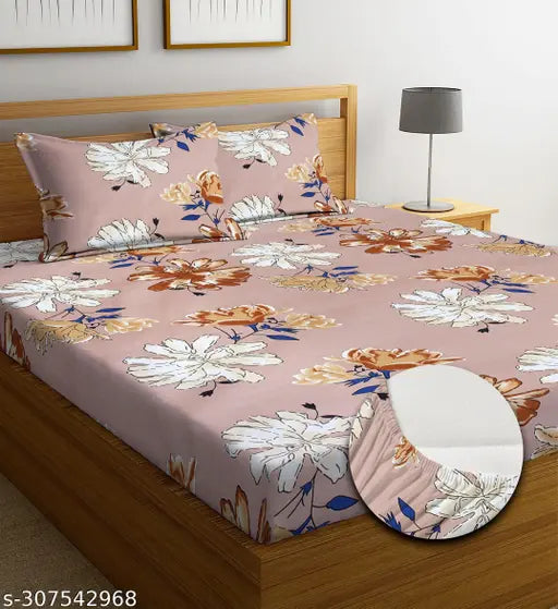 Multi-colored botanical printed, cotton fitted king size double bedsheet with 2 pillow covers, ideal for summer