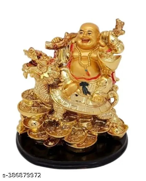 Gold polyresin Laughing Buddha on Dragon, decorative home showpiece (10x13x8 cm)