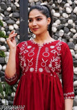 Red rayon embroidered top, long sleeves, crew neck