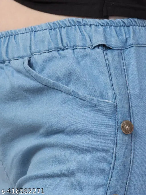 Stretchable Premium Denim Light Blue Side Buttoned Jogger Jeans, Baggy Elastic Waist Ankle Cuff Pants, Plus Size Women's Casual Jeans