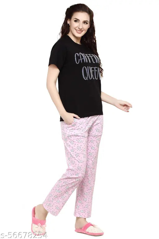 Punk pink round neck coffee hearts print women's pajama set, black and punk pink, printed nightsuit on hanger
