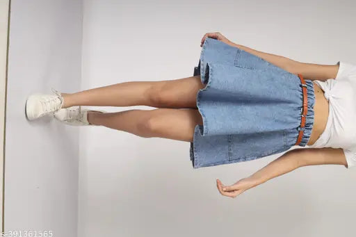 Light blue denim mini skirt with belt and pockets