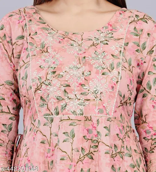 Rayon embroidered Anarkali-style kurta with flowers print and deep neck, women's fashion, India